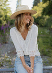 3/4 Sleeve V-Neck Button Down Blouse in Vanilla