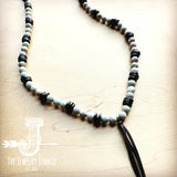 Frosted Aqua Terra Necklace w/ Wood Beads & Leather Tassel