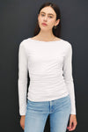 Boat Neck Long Sleeve Side Ruched Knit Top in Off White