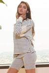 Spread Collared Neck Stripe Top in Ivory Blue