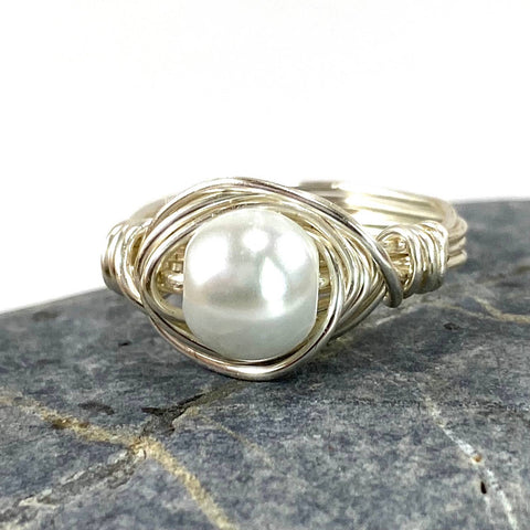 White Pearl Silver Wire Wrapped Ring