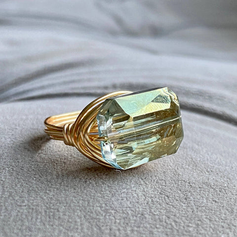 Gold Wire Wrapped Ring with Smoky Green Rectangle Crystal