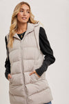 Longline Hooded Puffer Vest in Beige