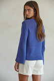 Knit Cotton Crew Neck Long Sleeve Sweater Top in Midnight Blue