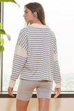 Spread Collared Neck Stripe Top in Ivory Blue