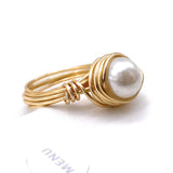 Cream Glass Pearl Gold Wire Wrapped Ring