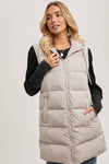 Longline Hooded Puffer Vest in Beige