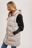 Longline Hooded Puffer Vest in Beige