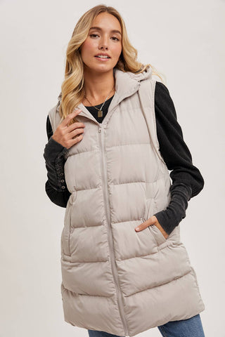 Longline Hooded Puffer Vest in Beige