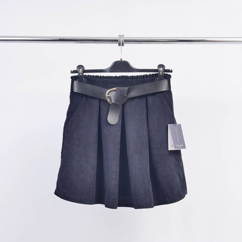 Belted Corduroy Short Skirt in Navy Blue