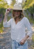 3/4 Sleeve V-Neck Button Down Blouse in Vanilla