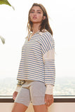 Spread Collared Neck Stripe Top in Ivory Blue