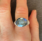 Silver Wire Wrapped Ring with Blue Oval Crystal