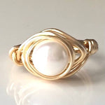 Cream Glass Pearl Gold Wire Wrapped Ring