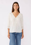 3/4 Sleeve V-Neck Button Down Blouse in Vanilla