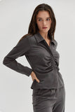 Zarina Brushed Ruched Button Up Top in Charcoal