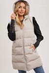 Longline Hooded Puffer Vest in Beige