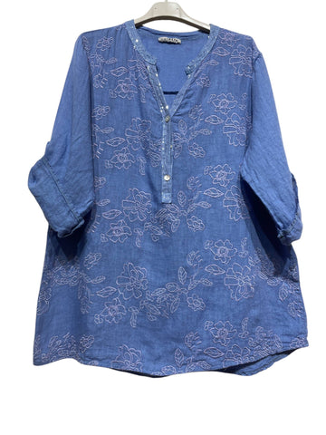 Linen Shirt with Sequin Flowers in Blue