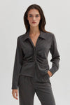 Zarina Brushed Ruched Button Up Top in Charcoal