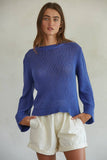 Knit Cotton Crew Neck Long Sleeve Sweater Top in Midnight Blue