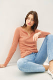 Soft Basic Split Neck Long Sleeve Knit Tee in Ivory