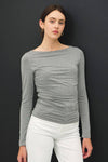 Boat Neck Long Sleeve Side Ruched Knit Top in Off White