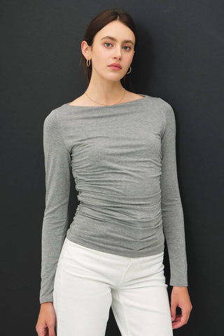 Boat Neck Long Sleeve Side Ruched Knit Top in Charcoal