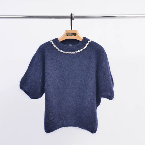 Short Sleeve Sweater with Jewel Collar in Navy Blue