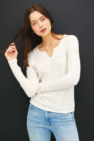 Soft Basic Split Neck Long Sleeve Knit Tee in Ivory