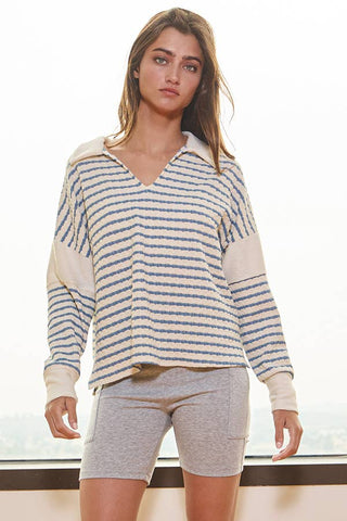 Spread Collared Neck Stripe Top in Ivory Blue