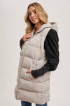 Longline Hooded Puffer Vest in Beige