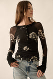 Mesh Floral Print Raglan Sleeve Henley Top