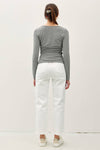 Boat Neck Long Sleeve Side Ruched Knit Top in Off White