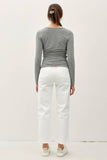 Boat Neck Long Sleeve Side Ruched Knit Top in Off White