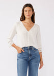 3/4 Sleeve V-Neck Button Down Blouse in Vanilla