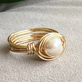 Cream Glass Pearl Gold Wire Wrapped Ring