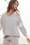 Spread Collared Neck Stripe Top in Ivory Blue