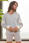 Spread Collared Neck Stripe Top in Ivory Blue