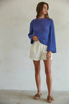 Knit Cotton Crew Neck Long Sleeve Sweater Top in Midnight Blue