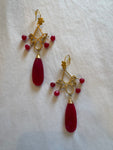 Faux Pink Ruby and Gold Dangle Earrings