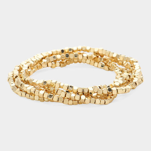 Gold Metal Cube Beaded Stretch Multi Layered Bracelets