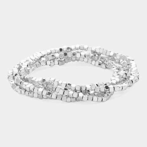 Silver Metal Cube Beaded Stretch Multi Layered Bracelets