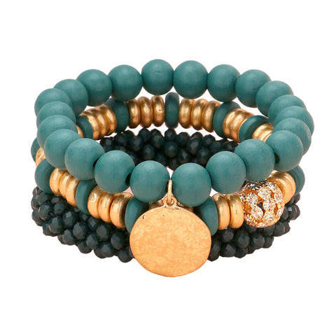 Wood Faceted Beaded Stretch Bracelets with Textured Metal Disc Charm