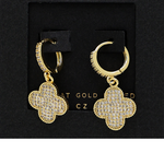 Cubic Zirconia Stone Paved Quatrefoil Dangle Huggie Hoop Earrings in Gold