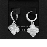 Cubic Zirconia Stone Paved Quatrefoil Dangle Huggie Hoop Earrings in Silver