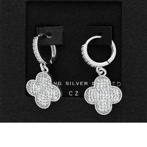 Cubic Zirconia Stone Paved Quatrefoil Dangle Huggie Hoop Earrings in Silver