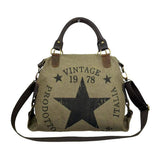 Women's Canvas Bag with Short Leather Handles and Shoulder Strap in Olive Green