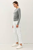 Boat Neck Long Sleeve Side Ruched Knit Top in Off White