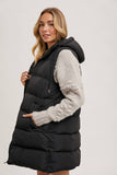 Longline Hooded Puffer Vest in Beige