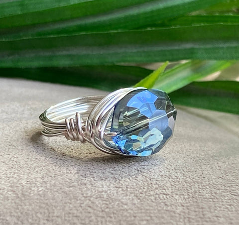 Silver Wire Wrapped Ring with Blue Oval Crystal